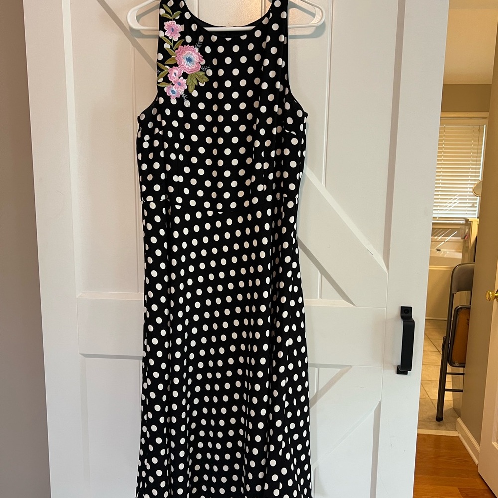 Talbots fit & flare Black/White Polka Dot Dress with Pink Floral Embroidery